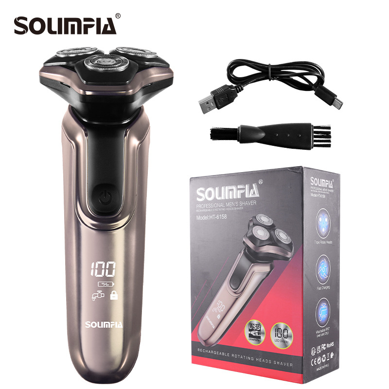 Aparat de ras electric cu afișaj LED, cap rotativ cu 3 lame, IPX7, încărcare USB, baterie încorporată de 500–800 mAh
