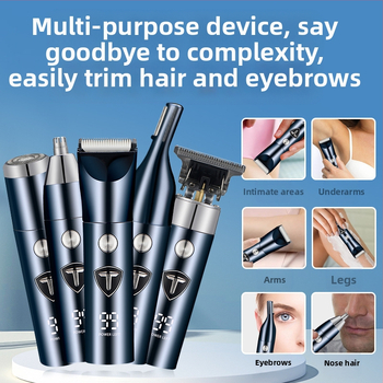 Mașină de tuns păr 5-în-1 cu afișaj digital, reîncărcabilă, rezistentă la apă, lame din oțel inoxidabil, baterie încorporată 800–1000 mAh, autonomie 1–3 ore