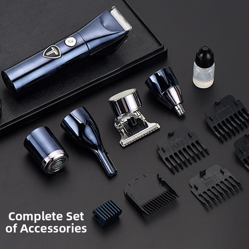 Mașină de tuns păr 5-în-1 cu afișaj digital, reîncărcabilă, rezistentă la apă, lame din oțel inoxidabil, baterie încorporată 800–1000 mAh, autonomie 1–3 ore