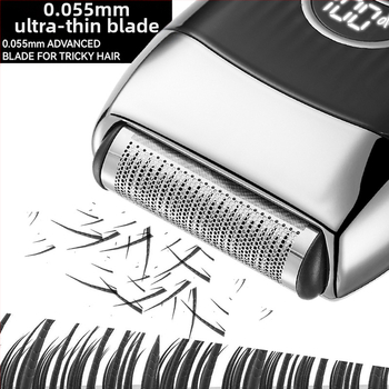 Електрическа самобръсначка с подвижна глава и регулиране на ъгъла на острието; LED дисплей, вградена батерия 500–800 mAh, автономия до 120 минути