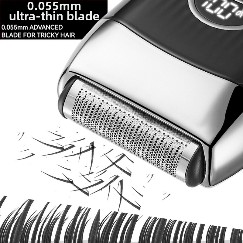 Електрическа самобръсначка с подвижна глава и регулиране на ъгъла на острието; LED дисплей, вградена батерия 500–800 mAh, автономия до 120 минути