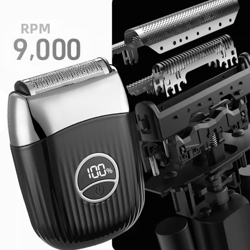 Електрическа самобръсначка с подвижна глава и регулиране на ъгъла на острието; LED дисплей, вградена батерия 500–800 mAh, автономия до 120 минути