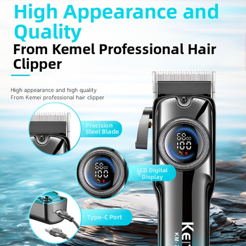 Elektrinis plaukų kirpimo mašinėlė KM-2279 su LCD ekranu, įmontuota baterija 500–800 mAh, veikimo laikas 1–3 val., nerūdijančio plieno peiliukai, atsparus vandeniui