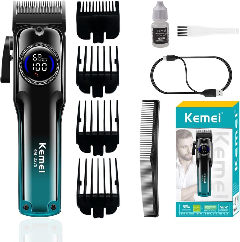 Elektrinis plaukų kirpimo mašinėlė KM-2279 su LCD ekranu, įmontuota baterija 500–800 mAh, veikimo laikas 1–3 val., nerūdijančio plieno peiliukai, atsparus vandeniui