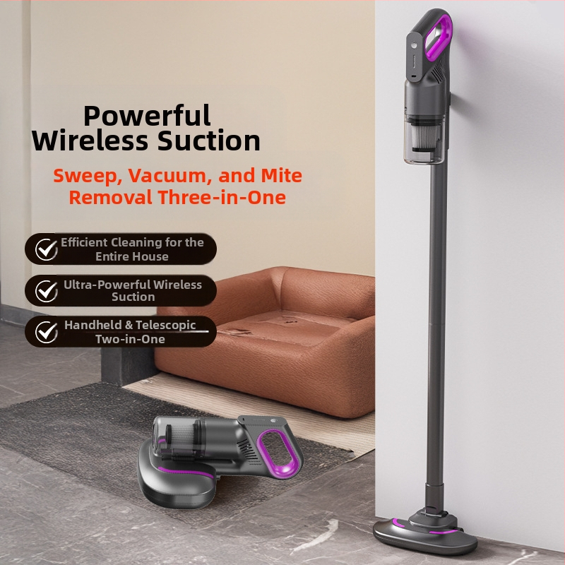 Безжичен ръчен вакуум за мокро и сухо почистване с приставка за премахване на акари — 80W, 3100–4000 Pa всмукване, шум ≤36 dB, вградена батерия
