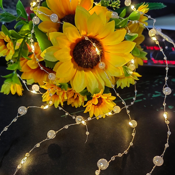 Perlų vielos LED šviesos grandinė, 200 LED, 3000K šilta balta, IP43, maitinama baterijų dėže, nuotolinio valdymo