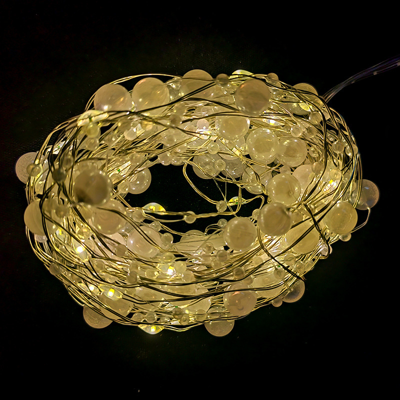 Perlų vielos LED šviesos grandinė, 200 LED, 3000K šilta balta, IP43, maitinama baterijų dėže, nuotolinio valdymo