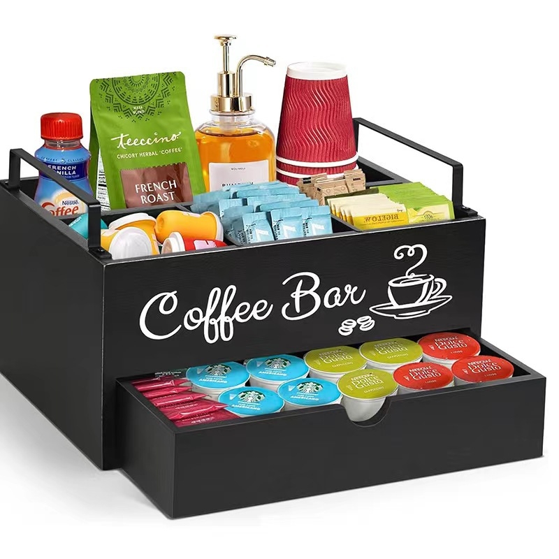 Cutie de depozitare din lemn pentru birou cu compartimente pentru băuturi și mâncare — suport portabil pentru cafea, capacitate personalizabilă