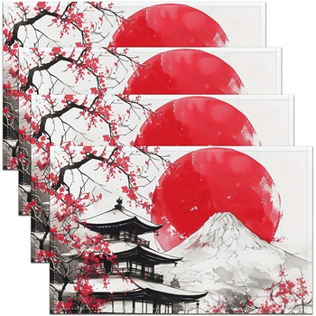 Set de 4 suporturi de masă din in, în stil Ukiyo-e japonez cu Fuji și Sakura — lavabile la mașină; Material: 100% in; Tehnică: flocking; Varietate: Daisy