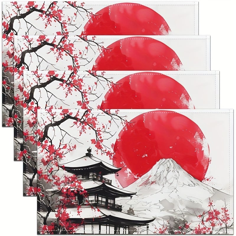Set de 4 suporturi de masă din in, în stil Ukiyo-e japonez cu Fuji și Sakura — lavabile la mașină; Material: 100% in; Tehnică: flocking; Varietate: Daisy