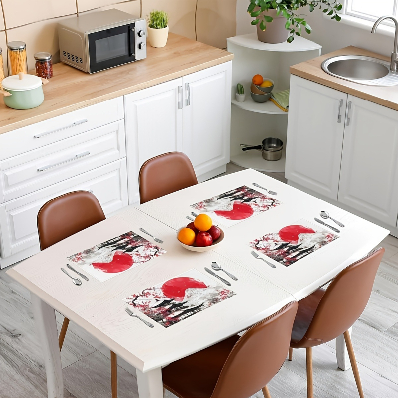 Set de 4 suporturi de masă din in, în stil Ukiyo-e japonez cu Fuji și Sakura — lavabile la mașină; Material: 100% in; Tehnică: flocking; Varietate: Daisy