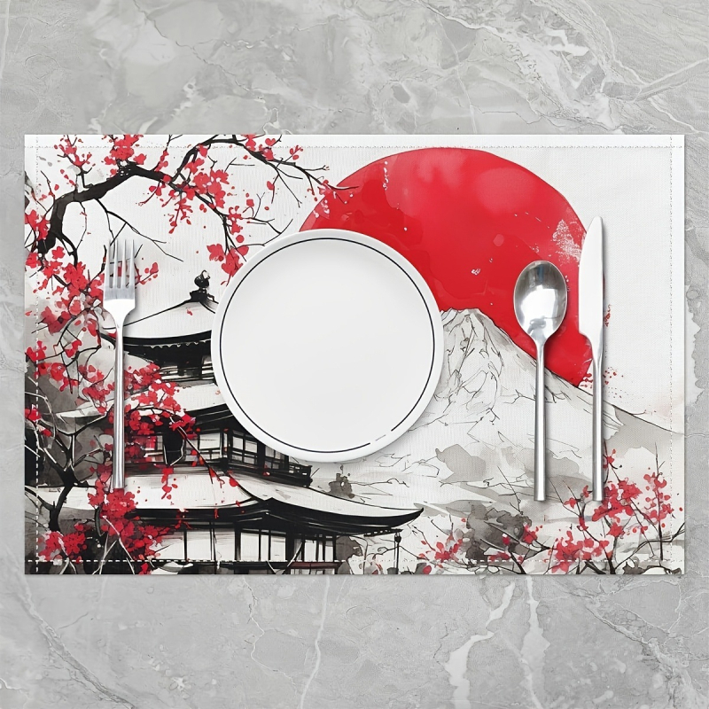 Set de 4 suporturi de masă din in, în stil Ukiyo-e japonez cu Fuji și Sakura — lavabile la mașină; Material: 100% in; Tehnică: flocking; Varietate: Daisy