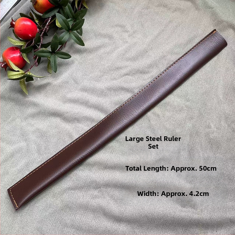 Измервателна линеалка, 5 мм дебела манганова стомана, диамантено закалена стомана, дървена дръжка, кожен калъф, за автомобилна самозащита