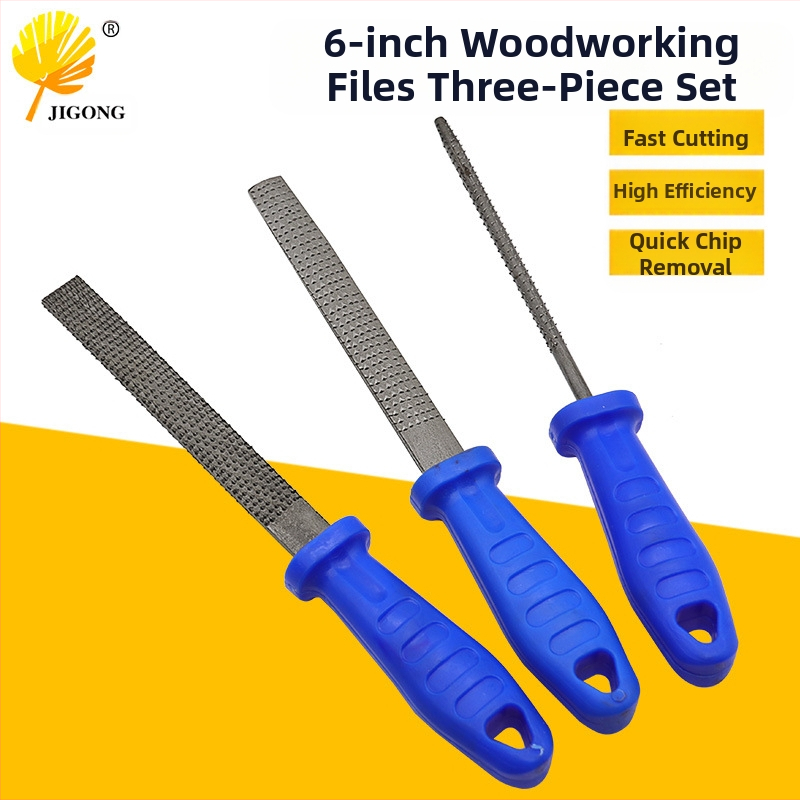 Σετ τριών αρχείων ξυλουργικής με λαβή — ατσάλινα αρχεία: ημικυκλικό, επίπεδο και στρογγυλό