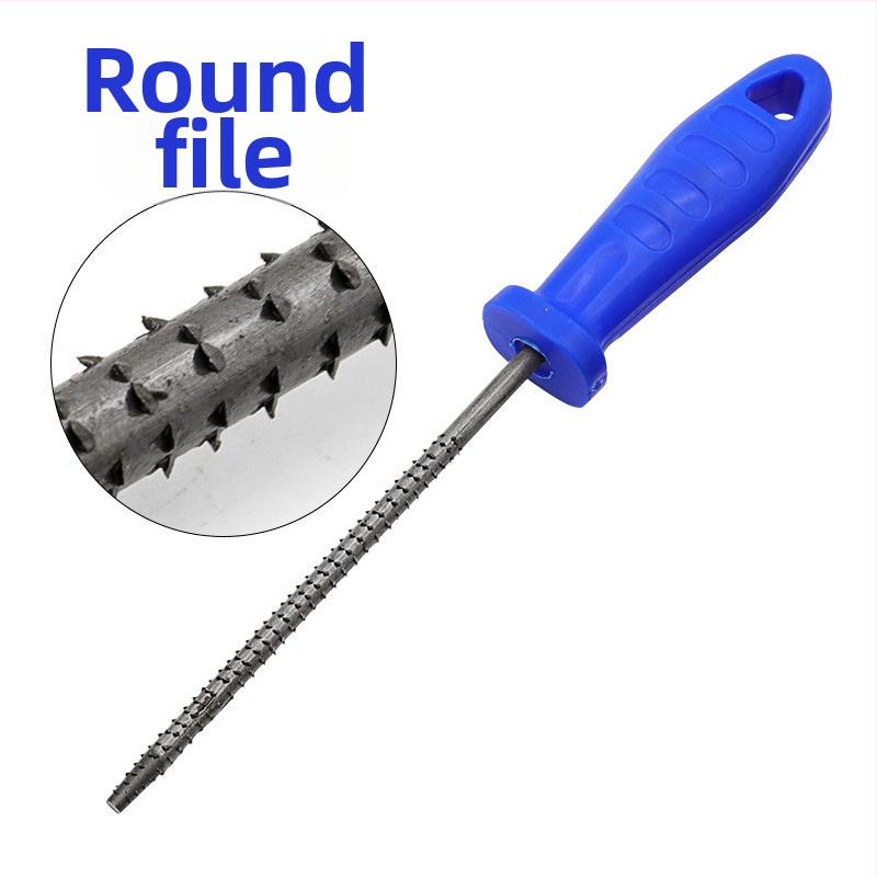 Комплект от три файла за дървообработване с ръкохватка — стоманени файлове: полукръгъл, плосък и кръгъл