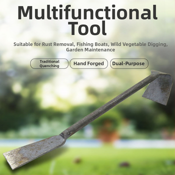 Rūdžių šalinimo kastuvėlis – liejimo plieno korpusas, plieninė rankena, dviejų paskirčių skraperis modelis