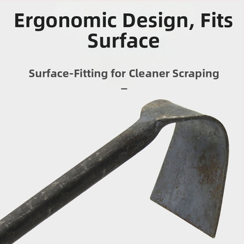 Rūdžių šalinimo kastuvėlis – liejimo plieno korpusas, plieninė rankena, dviejų paskirčių skraperis modelis