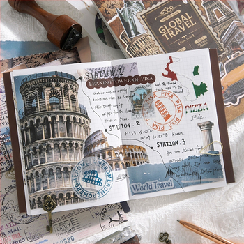 Vintage Europos stiliaus kelionių dienoraščio fono lipdukų rinkinys, 50 vnt., DIY koliažas, spausdinta