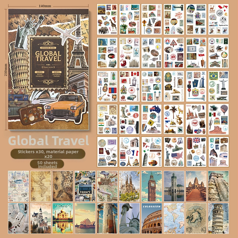 Vintage Europos stiliaus kelionių dienoraščio fono lipdukų rinkinys, 50 vnt., DIY koliažas, spausdinta