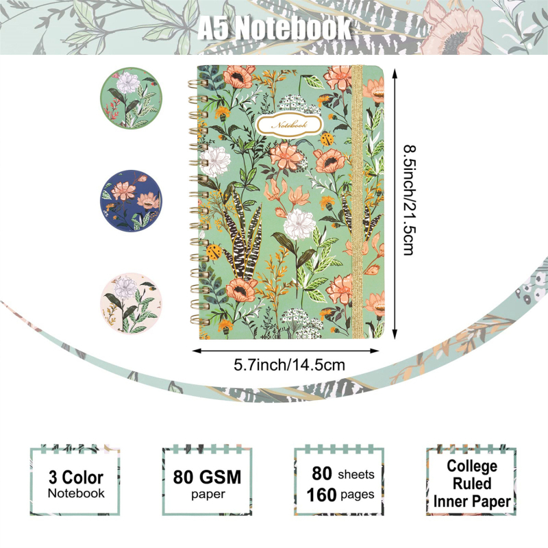 Caiet cu legătură spirală, bandă elastică, model 01, 80 pagini, hârtie de 80 g