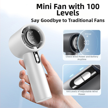 Rankinis ventiliatorius su USB įkrovimu, įmontuota baterija 2000-4000 mAh, triukšmas iki 36 dB, 6+ greičio režimai, veikimo trukmė 3-6 valandos