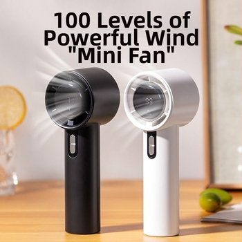Rankinis ventiliatorius su USB įkrovimu, įmontuota baterija 2000-4000 mAh, triukšmas iki 36 dB, 6+ greičio režimai, veikimo trukmė 3-6 valandos