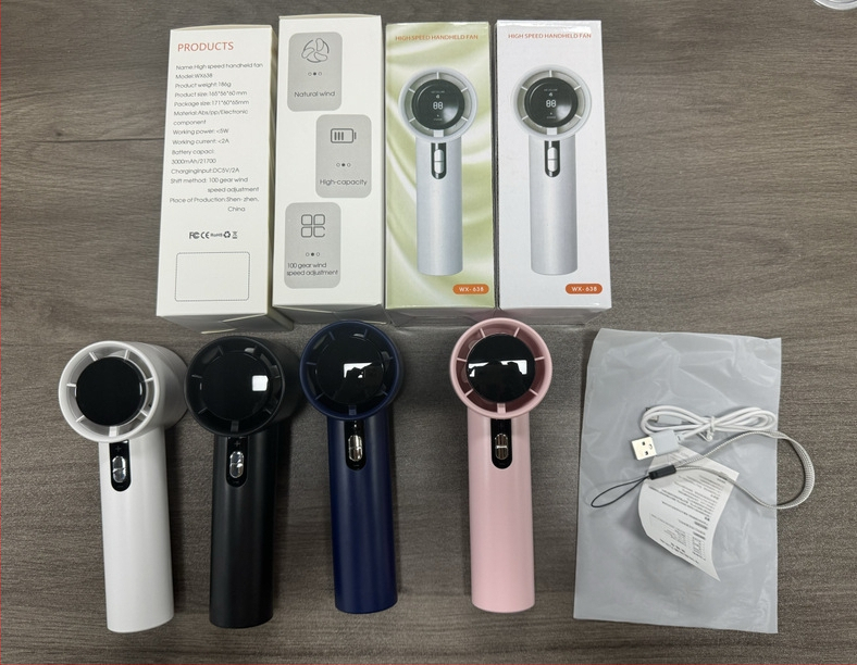 Rankinis ventiliatorius su USB įkrovimu, įmontuota baterija 2000-4000 mAh, triukšmas iki 36 dB, 6+ greičio režimai, veikimo trukmė 3-6 valandos