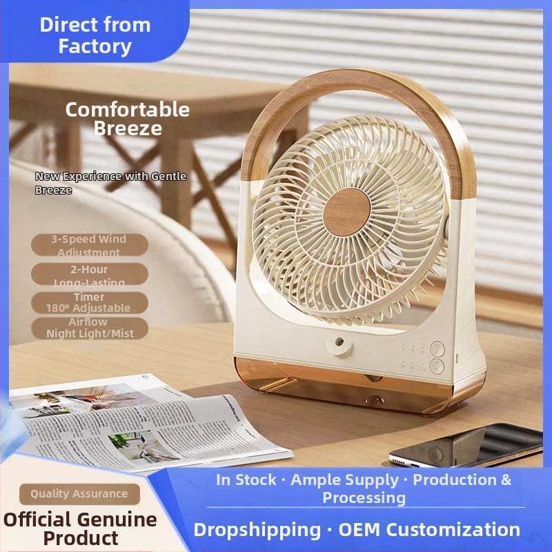 USB stalinis ventiliatorius su 5 mentėmis, bešepetėlinis variklis, įmontuota 4000–6000 mAh baterija, vandens miglos drėkinimas, 3 greičiai