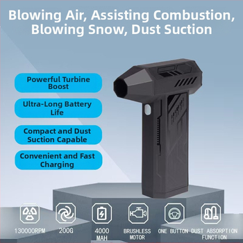 Nešiojamas rankinis turbinos ventiliatorius su brushless varikliu, įmontuota baterija 7,4V 2000–4000mAh, 150W, iki 130000 RPM, triukšmas 36–45 dB, USB maitinimas