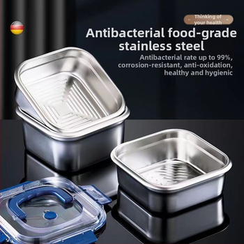 Nerūsējošā tērauda pusdienu kastīte, kvadrātiska, hermētisks vāks, 2,1–3 L ietilpība, mikroviļņu krāsnij saderīga