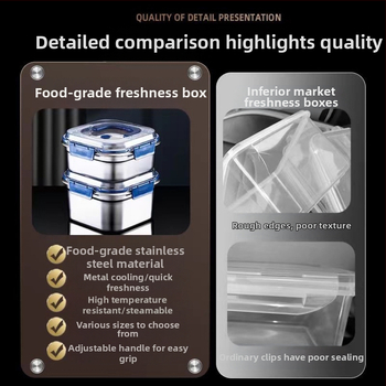 Nerūsējošā tērauda pusdienu kastīte, kvadrātiska, hermētisks vāks, 2,1–3 L ietilpība, mikroviļņu krāsnij saderīga