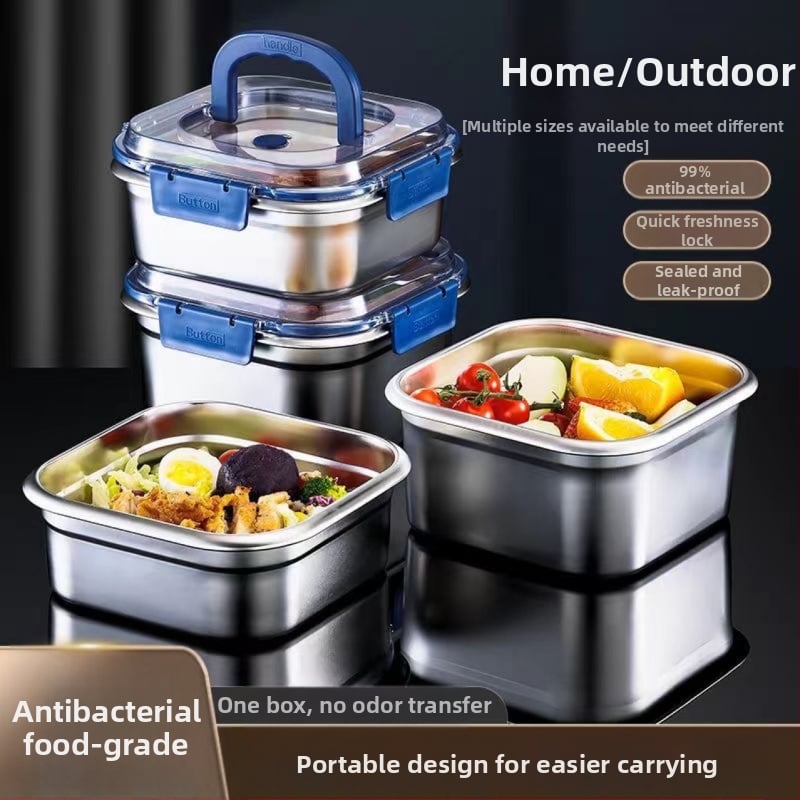 Nerūsējošā tērauda pusdienu kastīte, kvadrātiska, hermētisks vāks, 2,1–3 L ietilpība, mikroviļņu krāsnij saderīga