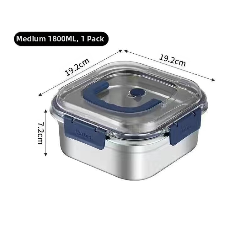 Nerūsējošā tērauda pusdienu kastīte, kvadrātiska, hermētisks vāks, 2,1–3 L ietilpība, mikroviļņu krāsnij saderīga