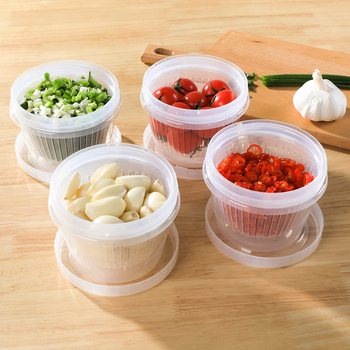 Polipropilēna apaļa drenāžas glabāšanas kārba zaļās sīpoles, ingvera un ķiploka uzglabāšanai ar vāku