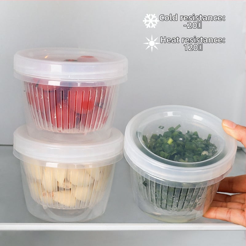 Polipropilēna apaļa drenāžas glabāšanas kārba zaļās sīpoles, ingvera un ķiploka uzglabāšanai ar vāku