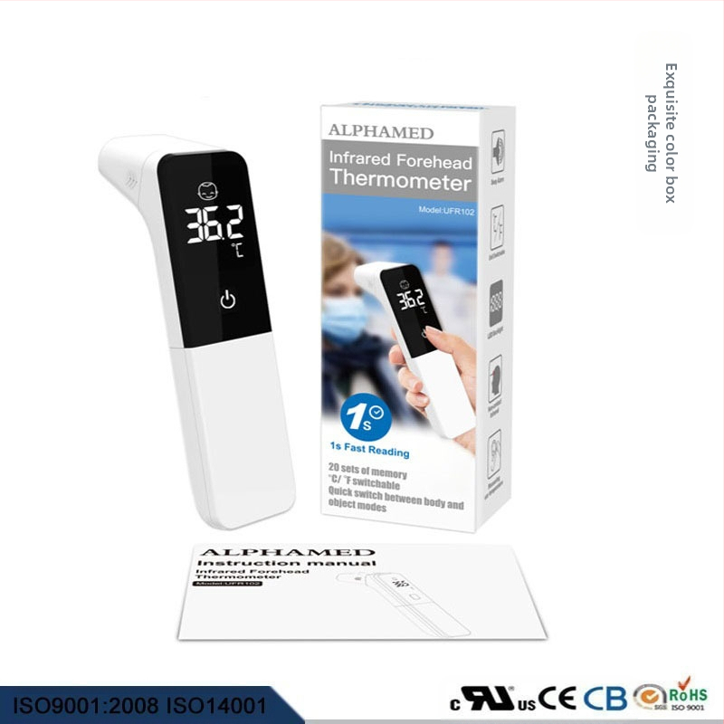 Многофункционален LED термометър за челото и ухото с цифров дисплей — ALPHAMED UFR102, 2x AAA батерии, диапазон на измерване 32–43°C