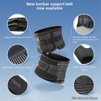 Juosmens apsauginė juosta su kvėpuojančia atrama ir plienine plokštele svorių kilnojimui; Pagrindinis medžiaga: SBR poliesterio pluoštas; Apsaugotos dalys: juosmuo; Plokštės fiksavimas: juosmens apsauga; Kategorija: juosmens apsauga
