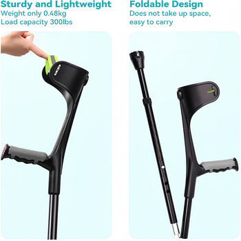 Aliuminio lydinio alkūninė lazda, sulankstoma su F forma rankena, suaugusiems, neslidus, 800 g, reguliuojamas aukštis