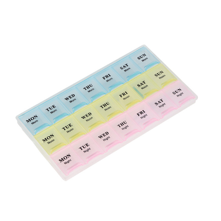 Φορητό πλαστικό κουτί φαρμάκων με 21 διαμερίσματα, 3 ημερήσιες ενότητες και καπάκι με διπλό άνοιγμα