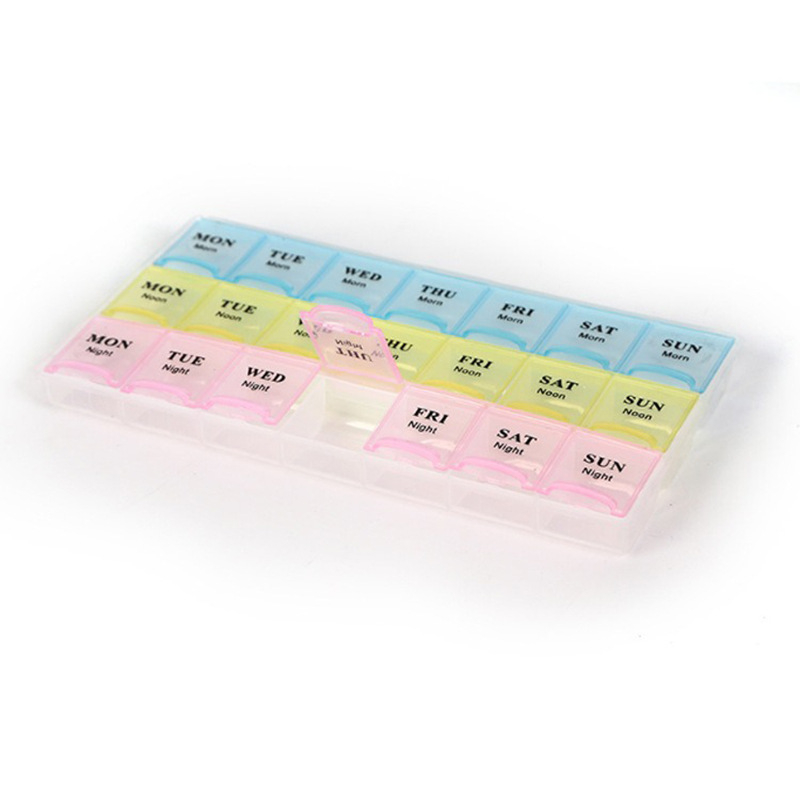 Φορητό πλαστικό κουτί φαρμάκων με 21 διαμερίσματα, 3 ημερήσιες ενότητες και καπάκι με διπλό άνοιγμα