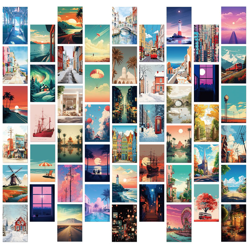50 poštanskih kartica s karikaturama uličnih pejzaža – Instagram stil, čestitke, karton