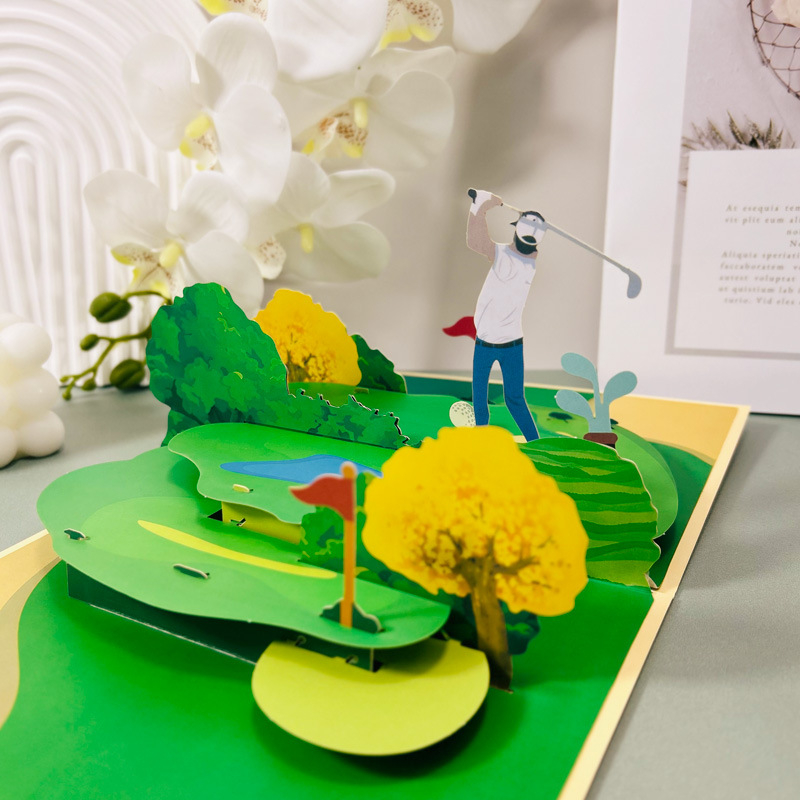 Felicitare 3D pop-up cu temă golf, lucrată manual, din carton, stil pastoral, pentru toate ocaziile
