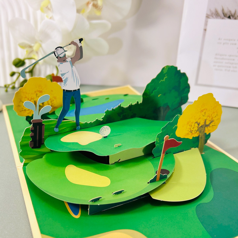 Felicitare 3D pop-up cu temă golf, lucrată manual, din carton, stil pastoral, pentru toate ocaziile