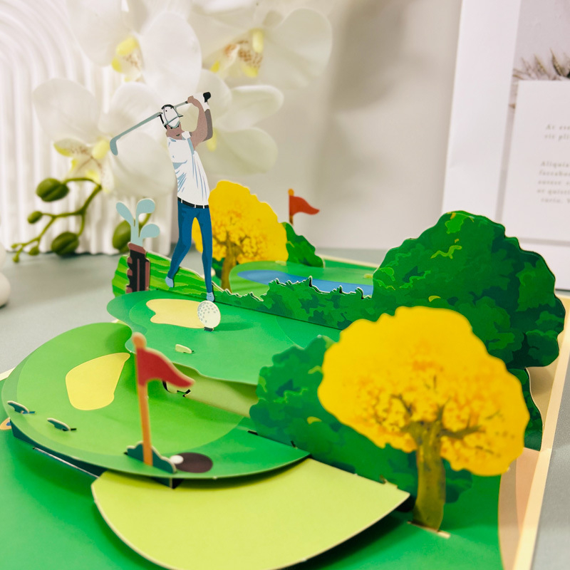 Felicitare 3D pop-up cu temă golf, lucrată manual, din carton, stil pastoral, pentru toate ocaziile