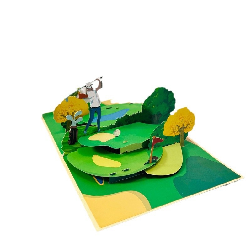 Felicitare 3D pop-up cu temă golf, lucrată manual, din carton, stil pastoral, pentru toate ocaziile