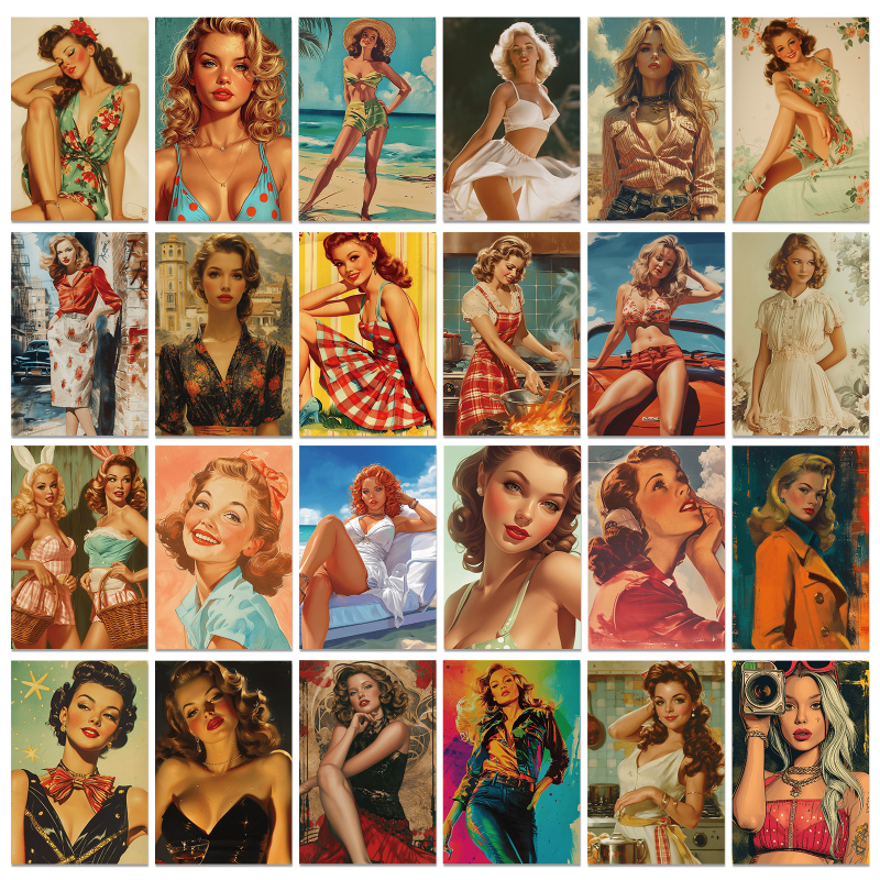 Σετ καρτών τοίχου με vintage κορίτσι, 50 συλλεκτικές ευχετήριες κάρτες, ρετρό στυλ