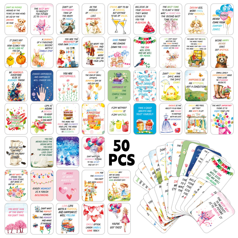 Set de 50 carduri de felicitare cu citate inspiraționale în engleză, pentru a fi scrise de mână, pentru angajați și cutii de prânz ale copiilor; material: hârtie • producție: imprimare • stil: simplu și modern • categorie: card de felicitare