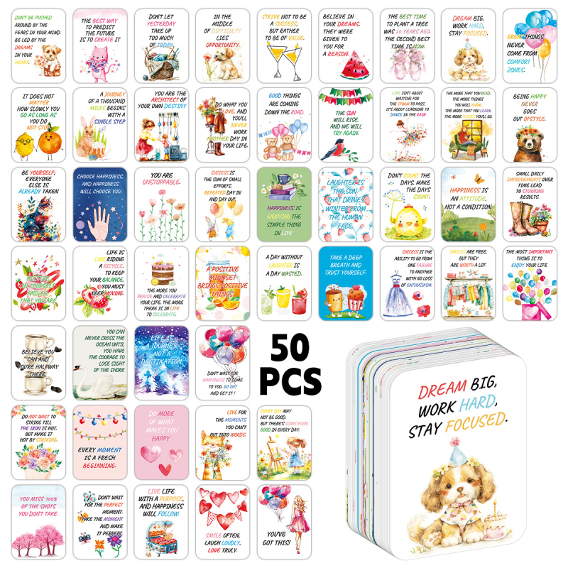 Set de 50 carduri de felicitare cu citate inspiraționale în engleză, pentru a fi scrise de mână, pentru angajați și cutii de prânz ale copiilor; material: hârtie • producție: imprimare • stil: simplu și modern • categorie: card de felicitare