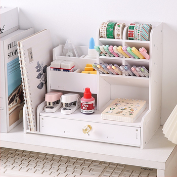 Πολυλειτουργικός οργανωτής γραφείου για στυλό με κεκλιμένα διαμερίσματα και συρτάρι — κατασκευή από PVC ξυλοπλαστικό πάνελ, Independent, Μοντέλο 2409060016