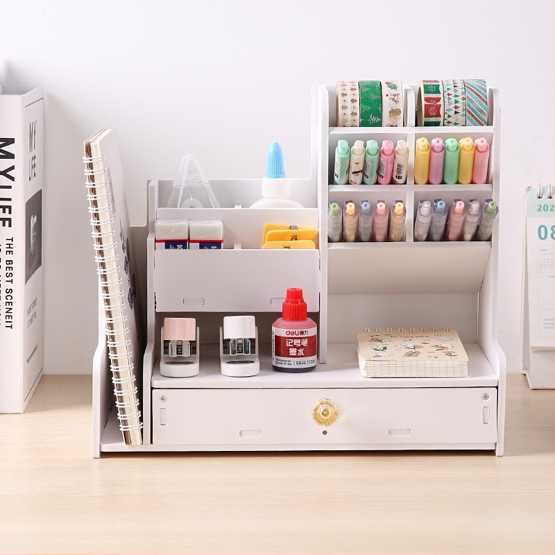 Viacúčelový držiak na ceruzky na stole s naklonenými priehradkami a zásuvkou – PVC drevoplášť doska konštrukcia, Independent Značka, Model 2409060016